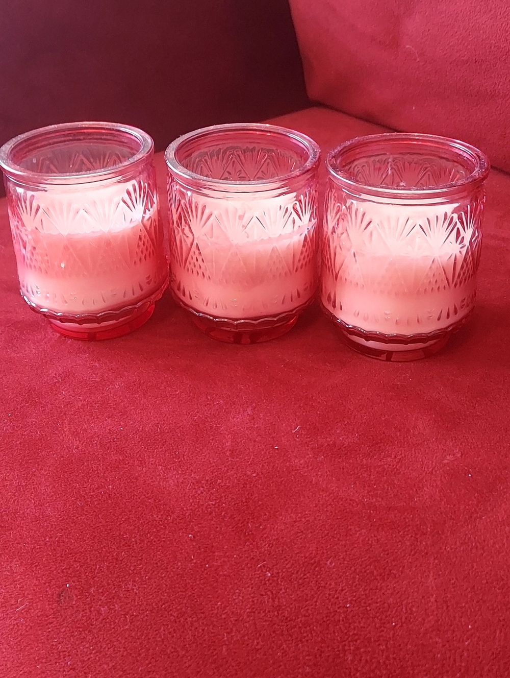 Set Of 3 Pink Pretty  Glass Unscented White Jar Candle - White